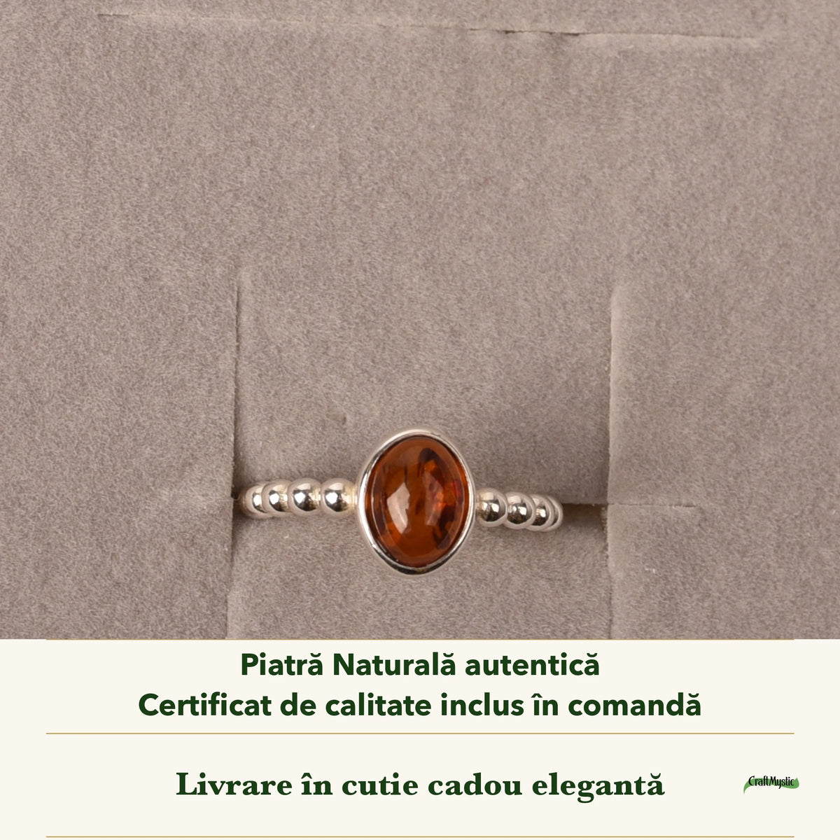 Inel cu Chihlimbar în cutia cadou CraftMystic, cu certificatul de calitate