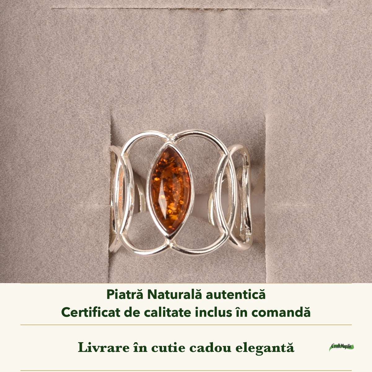 Inel cu Chihlimbar în cutia cadou CraftMystic, cu certificatul de calitate