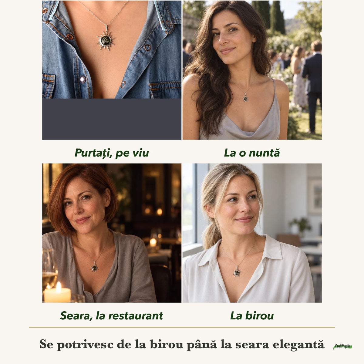 Colier cu Chihlimbar purtați de patru femei, la nuntă, seara, la birou și la o aniversare