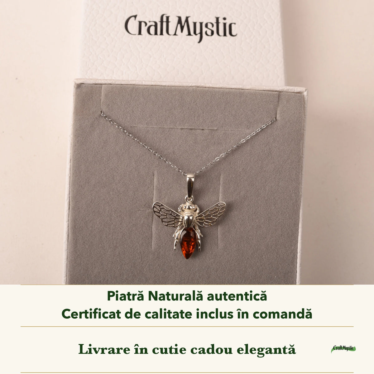 Colier cu Chihlimbar în cutia cadou CraftMystic, cu certificatul de calitate