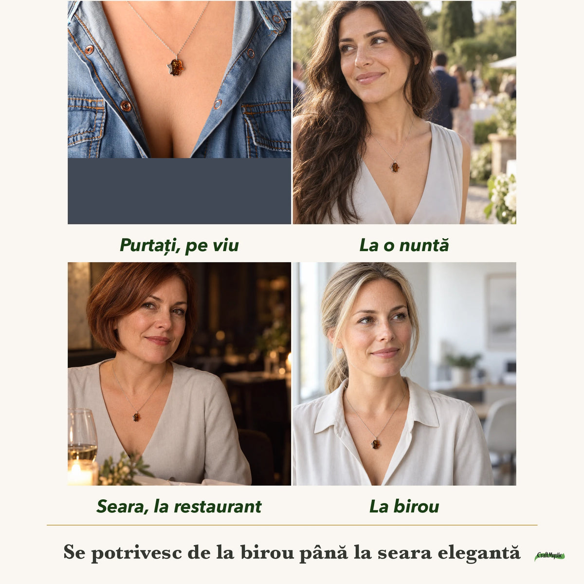 Colier cu Chihlimbar purtați de patru femei, la nuntă, seara, la birou și la o aniversare