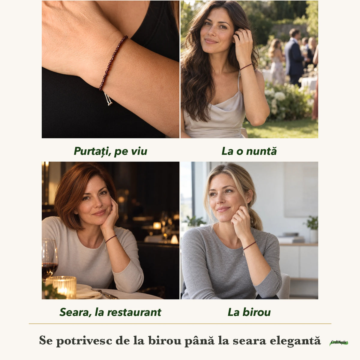Brățară cu Granat purtați de patru femei, la nuntă, seara, la birou și la o aniversare
