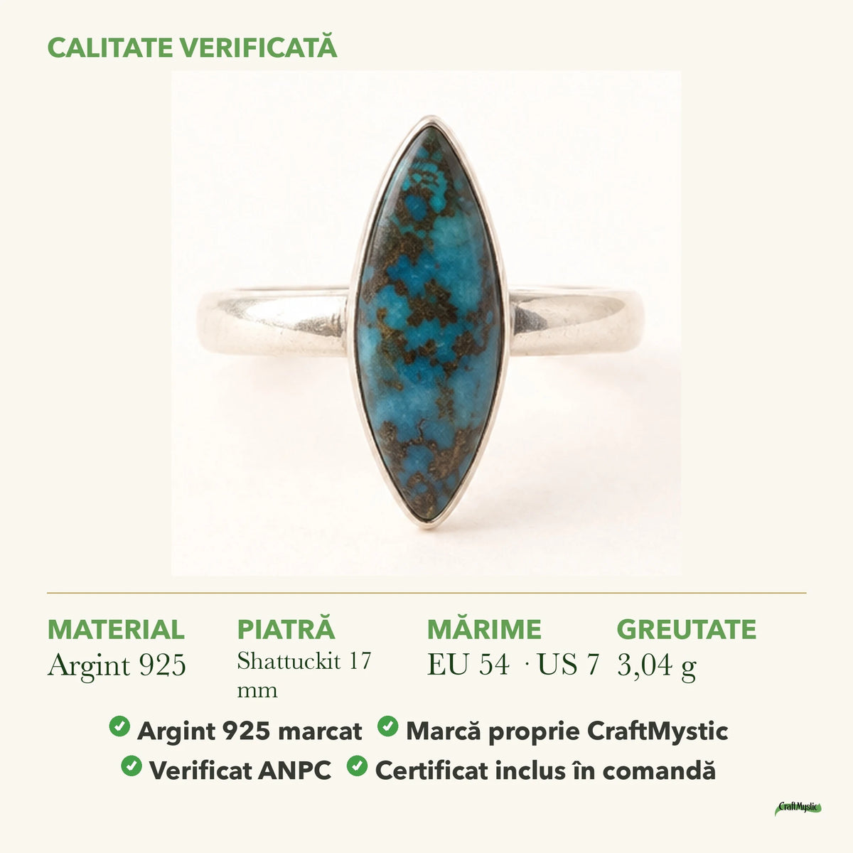 Inel cu Shattuckit: material, dimensiunea pietrei, greutate și marcajul 925
