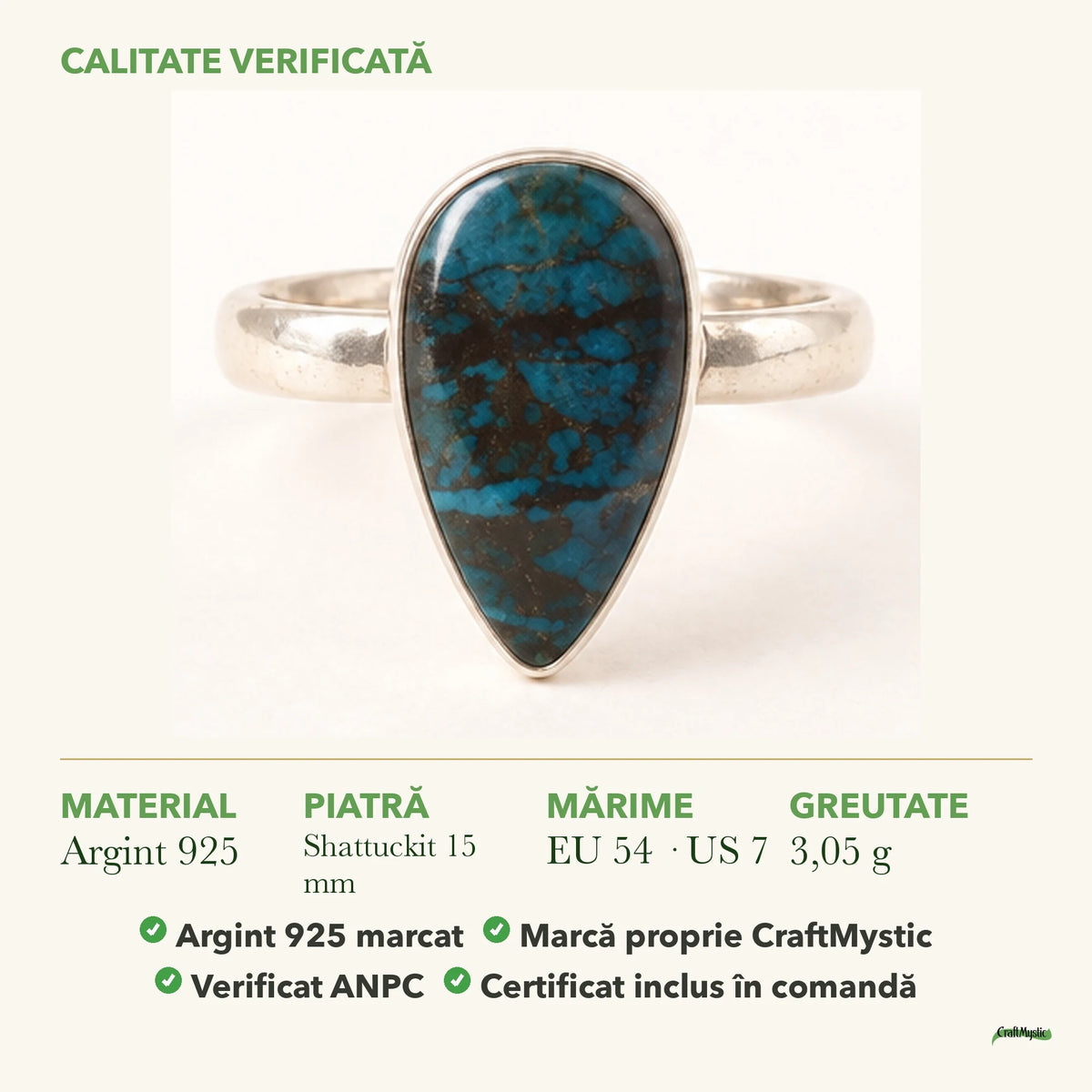 Inel cu Shattuckit: material, dimensiunea pietrei, greutate și marcajul 925