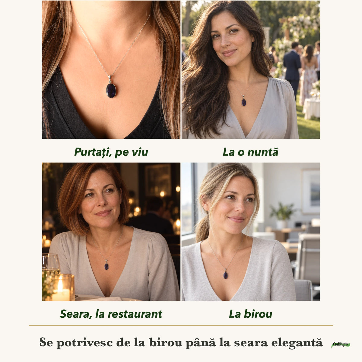 Colier cu Sugilit purtați de patru femei, la nuntă, seara, la birou și la o aniversare