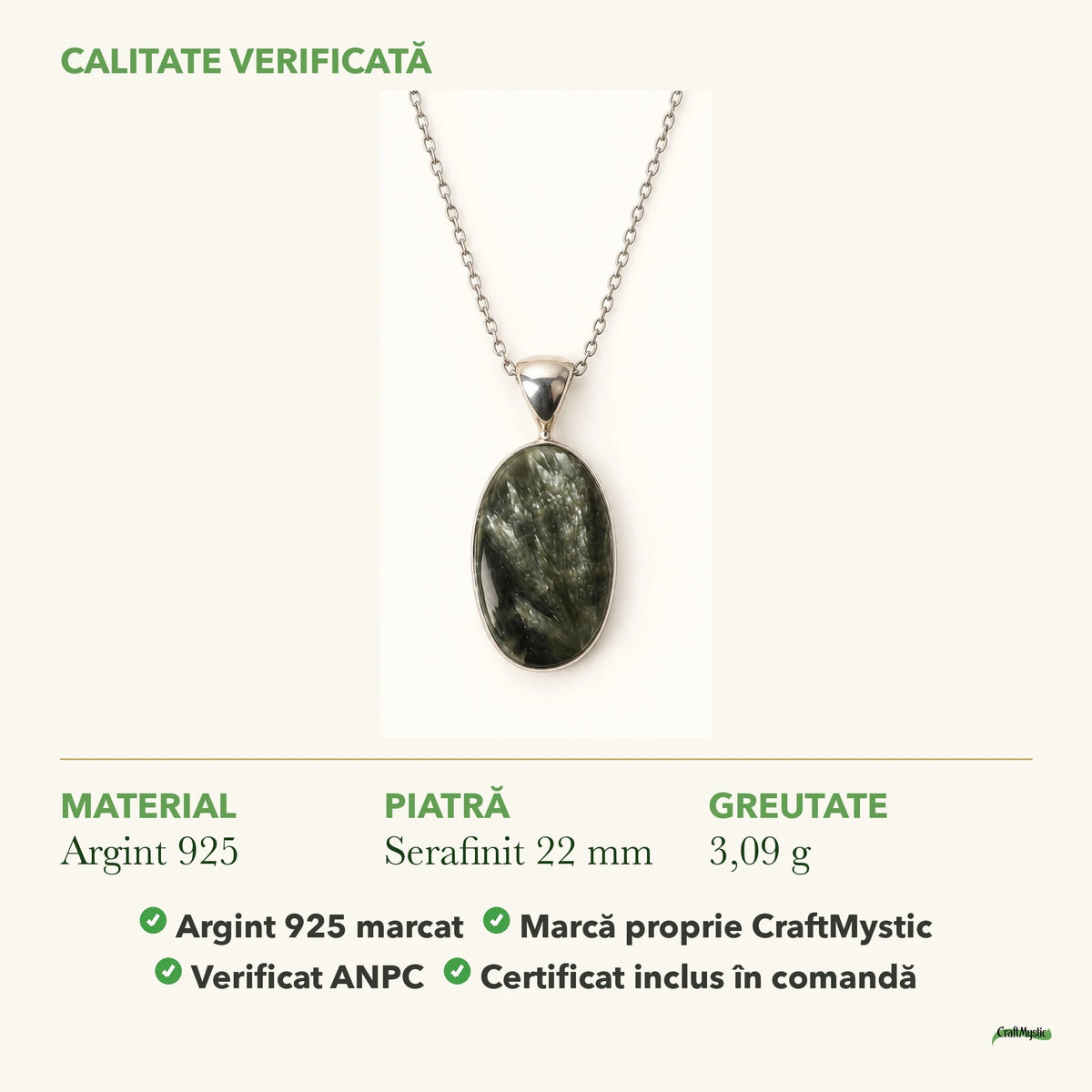 Colier cu Serafinit: material, dimensiunea pietrei, greutate și marcajul 925