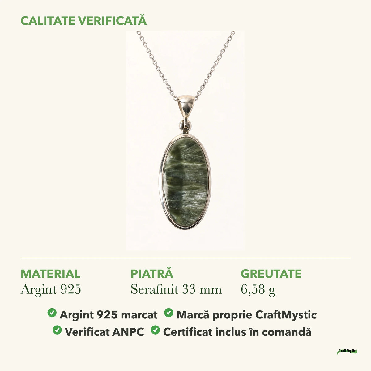 Colier cu Serafinit: material, dimensiunea pietrei, greutate și marcajul 925