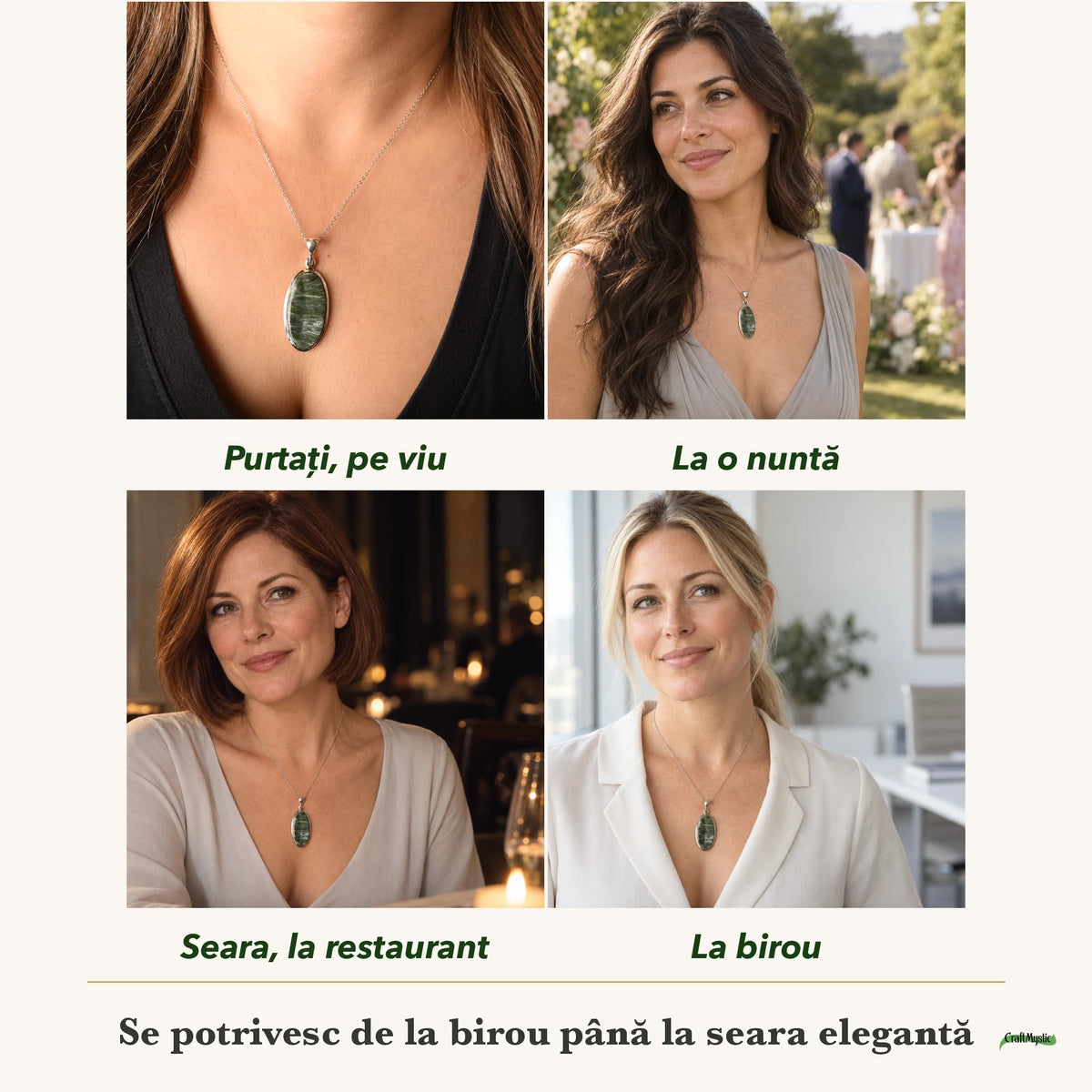 Colier cu Serafinit purtați de patru femei, la nuntă, seara, la birou și la o aniversare
