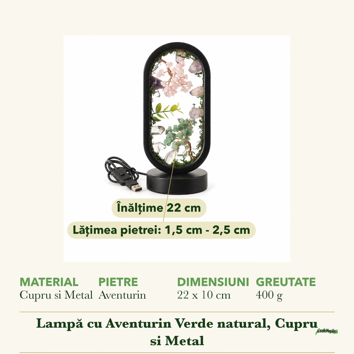 Dimensiunile și potrivirea pentru Lampă cu Aventurin Verde, Cuarț Roz, Ametist și Cuarț de Stâncă