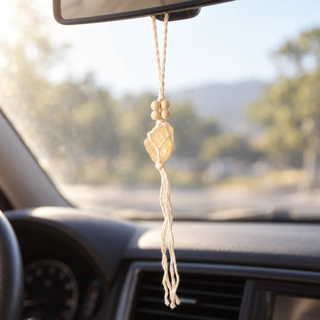 Ornament cu Citrin agățat de oglinda retrovizoare, cu soarele prin cristale