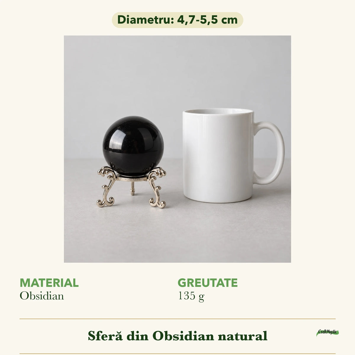 Cât de mare e Sferă cu Obsidian, cu un obiect alături pentru scară
