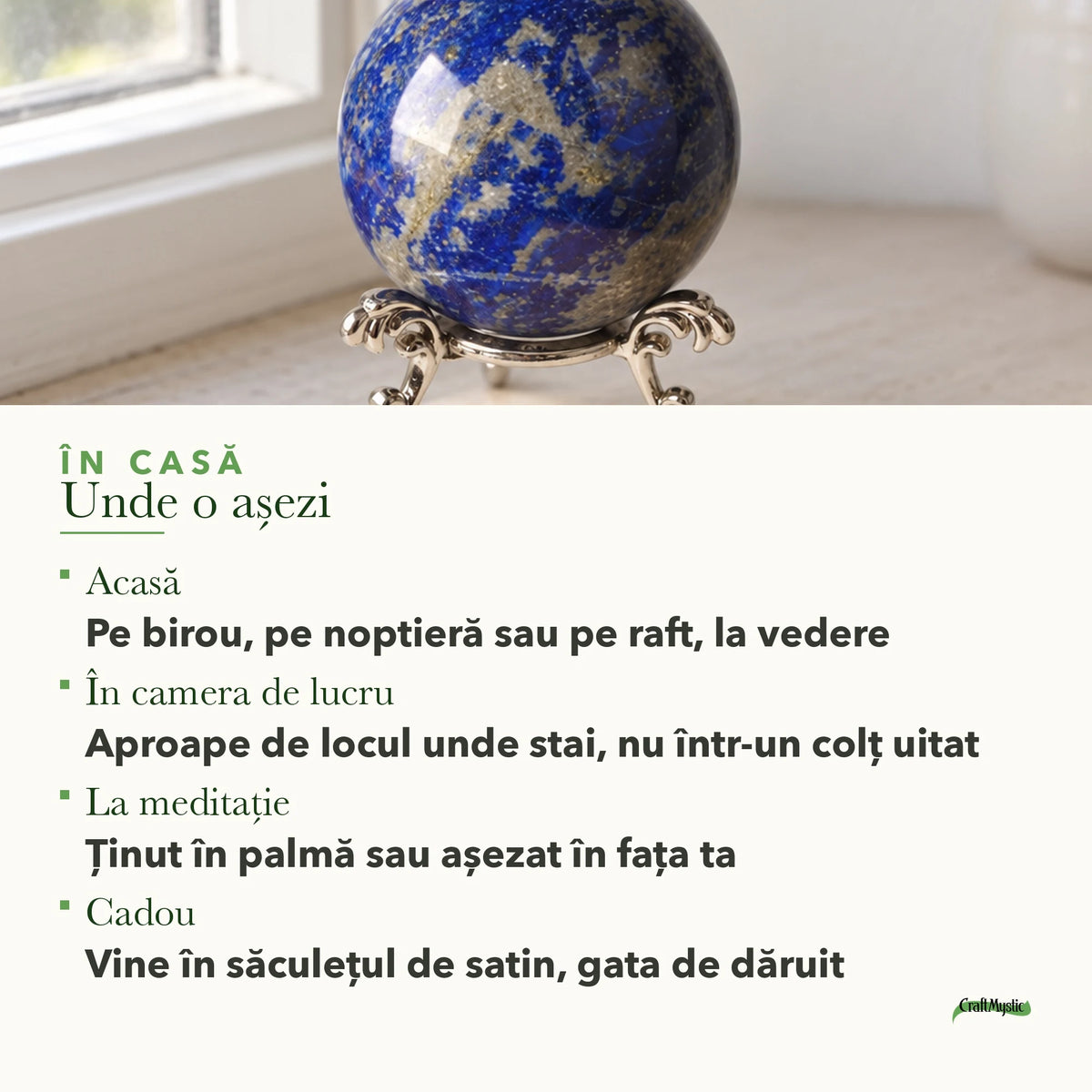 Unde se așază Sferă cu Lapis Lazuli: pe birou, pe raft sau la meditație