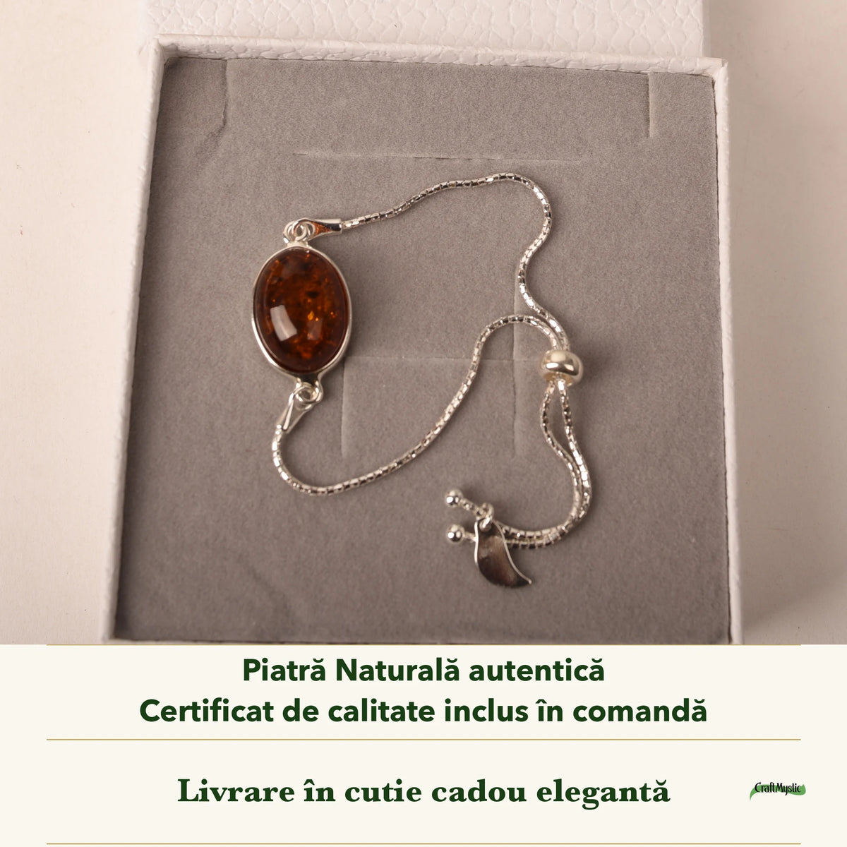 Brățară cu Chihlimbar în cutia cadou CraftMystic, cu certificatul de calitate