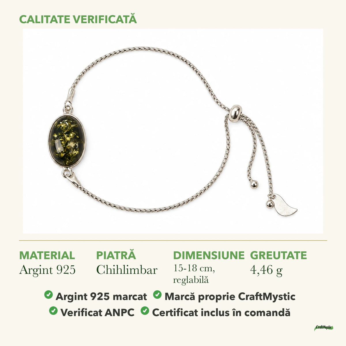 Brățară cu Chihlimbar: material, dimensiunea pietrei, greutate și marcajul 925