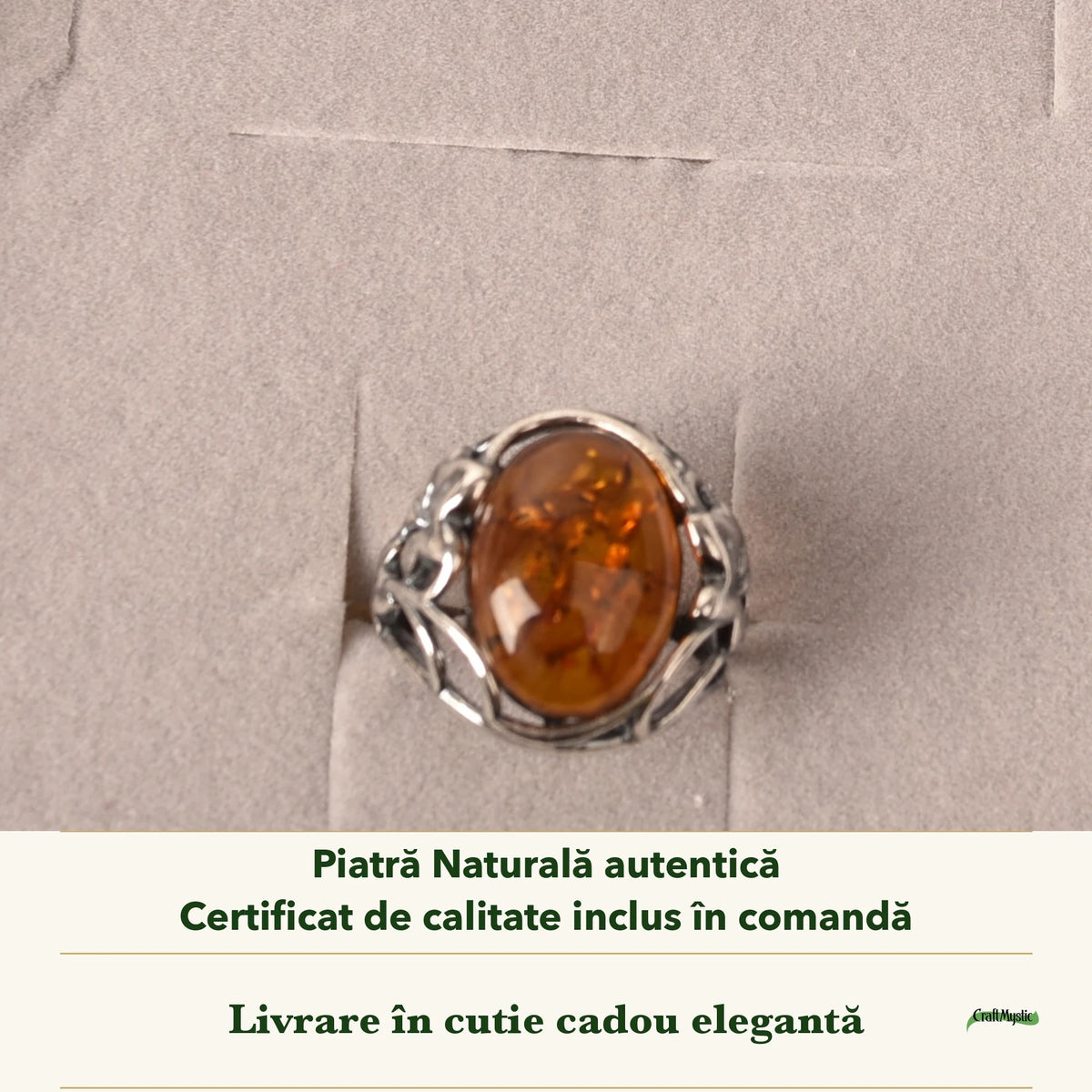 Inel cu Chihlimbar în cutia cadou CraftMystic, cu certificatul de calitate