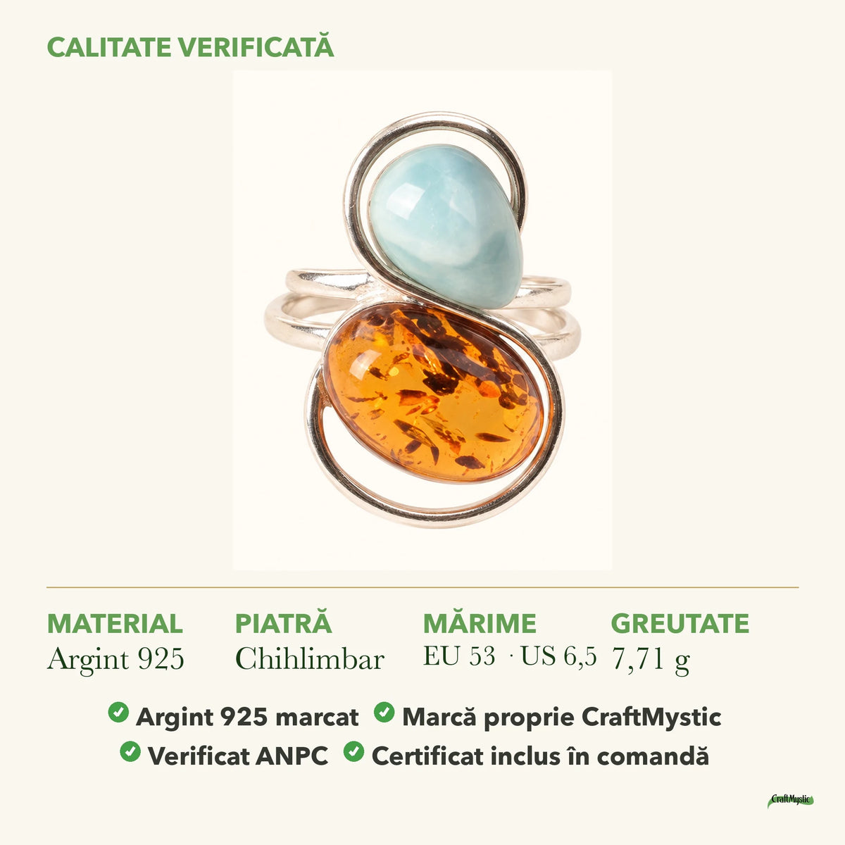Inel cu Chihlimbar și Larimar: material, dimensiunea pietrei, greutate și marcajul 925