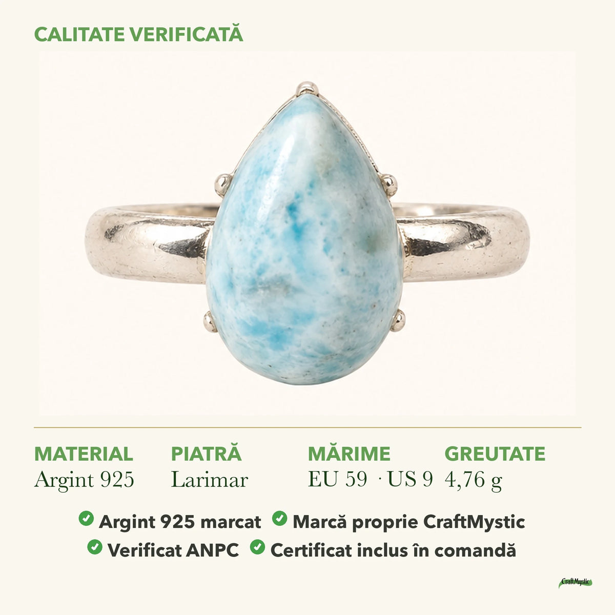 Inel cu Larimar: material, dimensiunea pietrei, greutate și marcajul 925