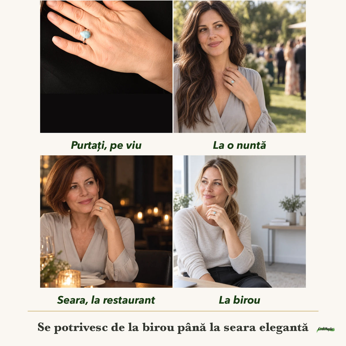 Inel cu Larimar purtați de patru femei, la nuntă, seara, la birou și la o aniversare