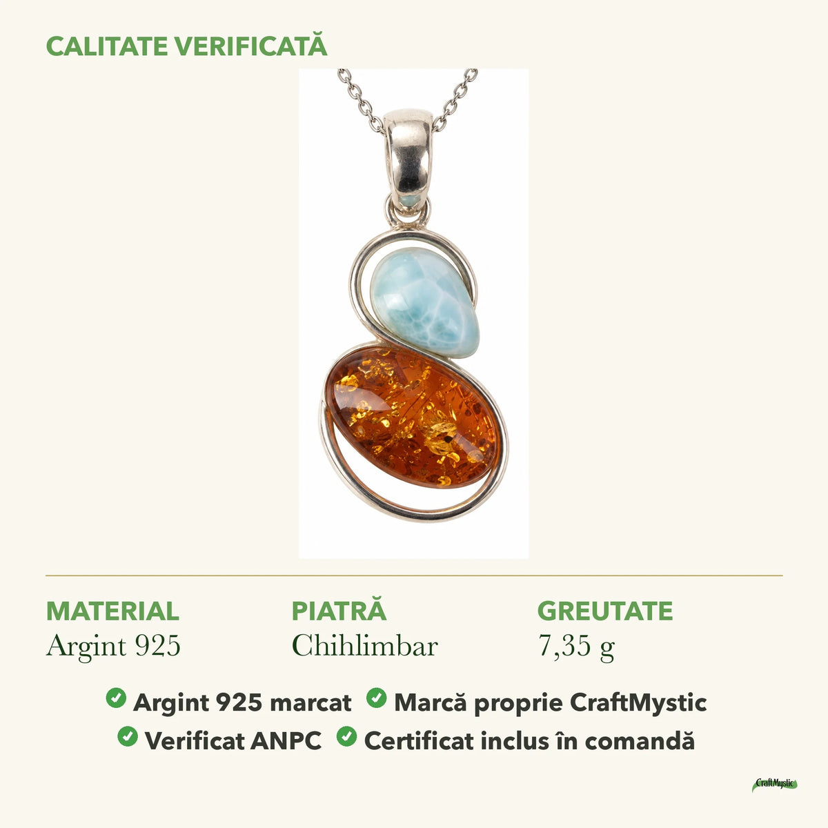 Colier cu Chihlimbar și Larimar: material, dimensiunea pietrei, greutate și marcajul 925