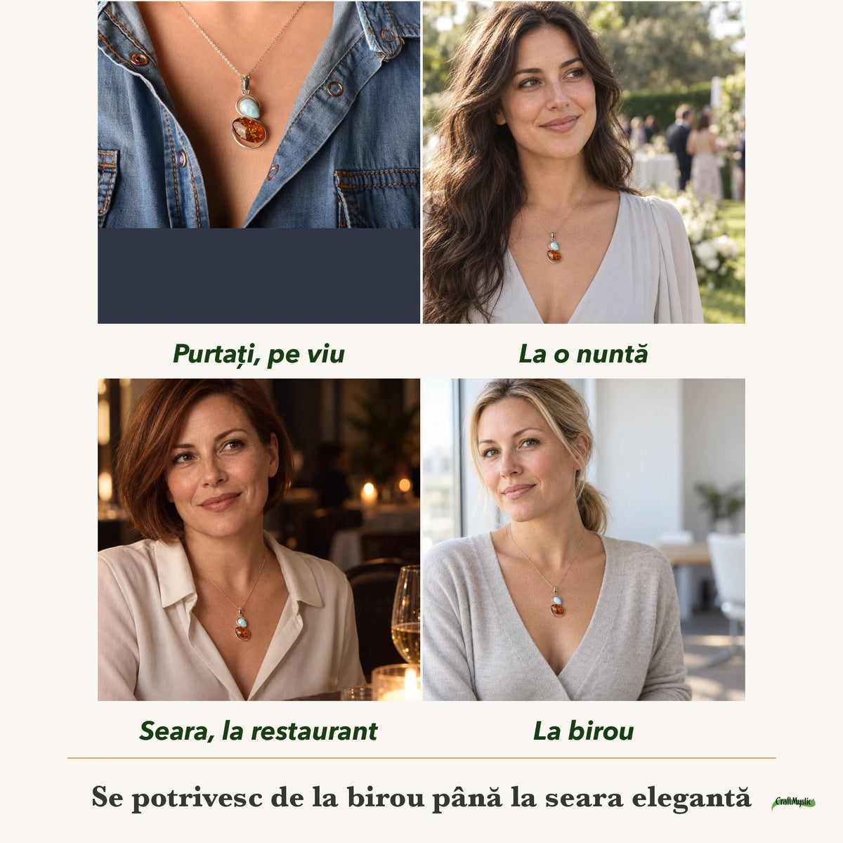 Colier cu Chihlimbar și Larimar purtați de patru femei, la nuntă, seara, la birou și la o aniversare