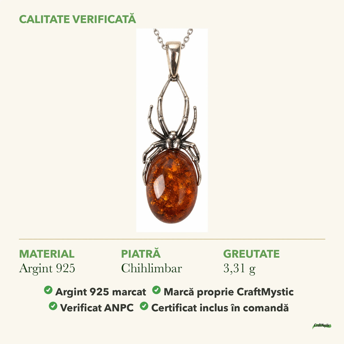 Colier cu Chihlimbar: material, dimensiunea pietrei, greutate și marcajul 925