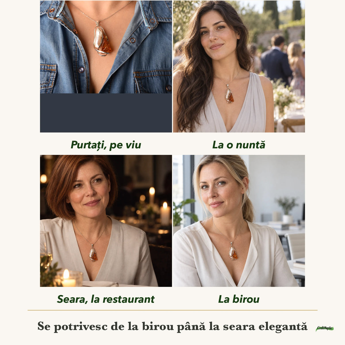 Colier cu Chihlimbar și Sidef purtați de patru femei, la nuntă, seara, la birou și la o aniversare