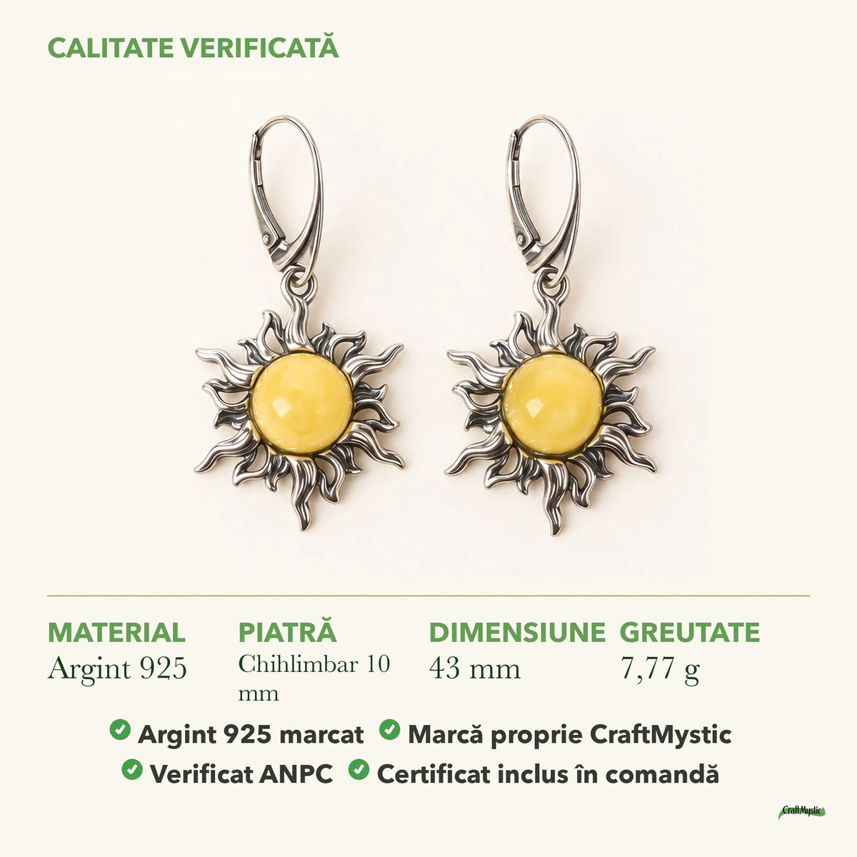 Cercei cu Chihlimbar: material, dimensiunea pietrei, greutate și marcajul 925