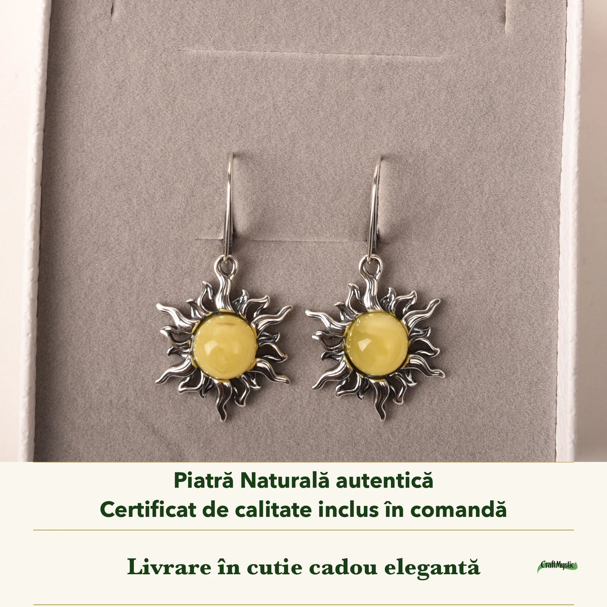 Cercei cu Chihlimbar în cutia cadou CraftMystic, cu certificatul de calitate