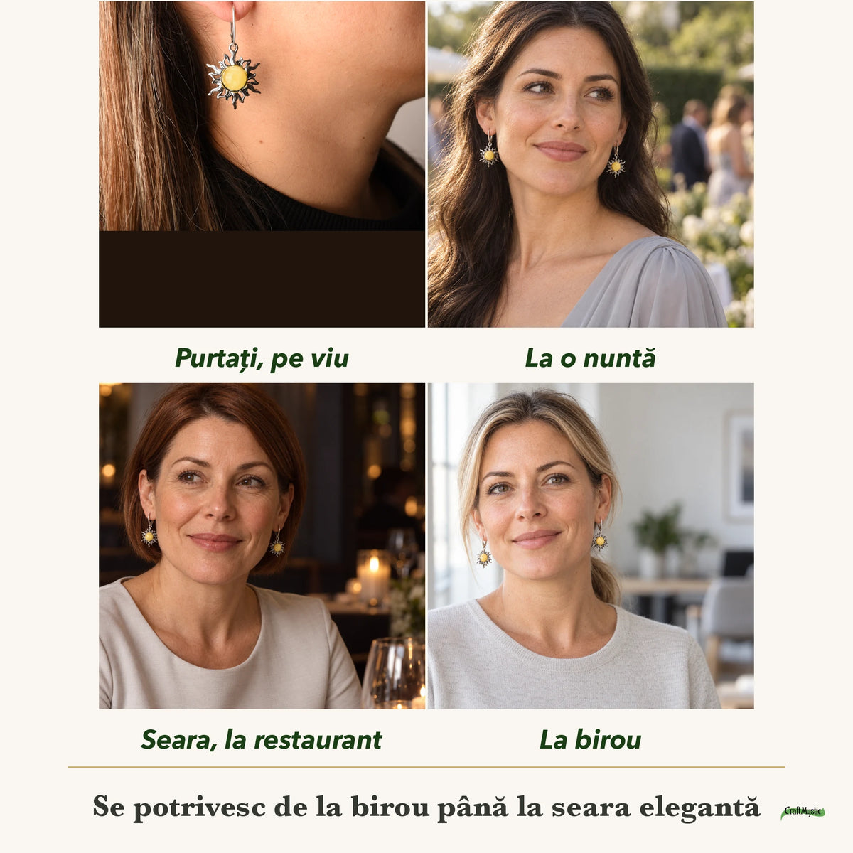 Cercei cu Chihlimbar purtați de patru femei, la nuntă, seara, la birou și la o aniversare