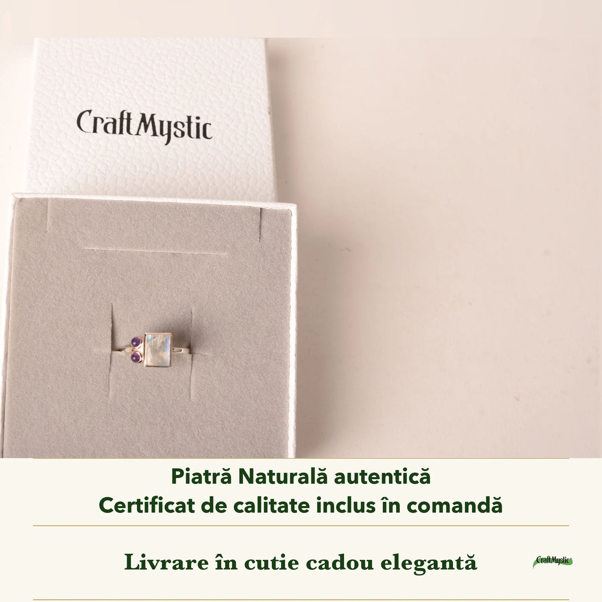 Inel cu Piatra Lunii în cutia cadou CraftMystic, cu certificatul de calitate