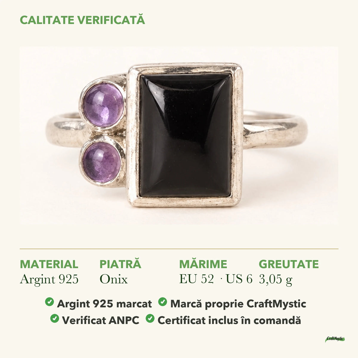 Inel cu Onix: material, dimensiunea pietrei, greutate și marcajul 925
