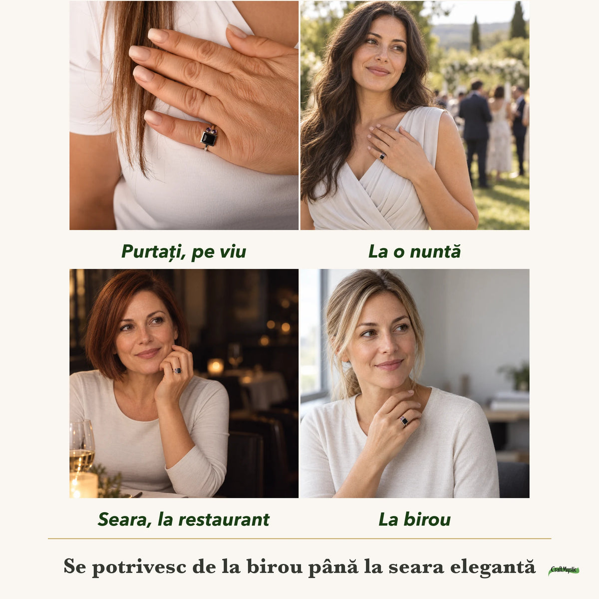 Inel cu Onix purtați de patru femei, la nuntă, seara, la birou și la o aniversare