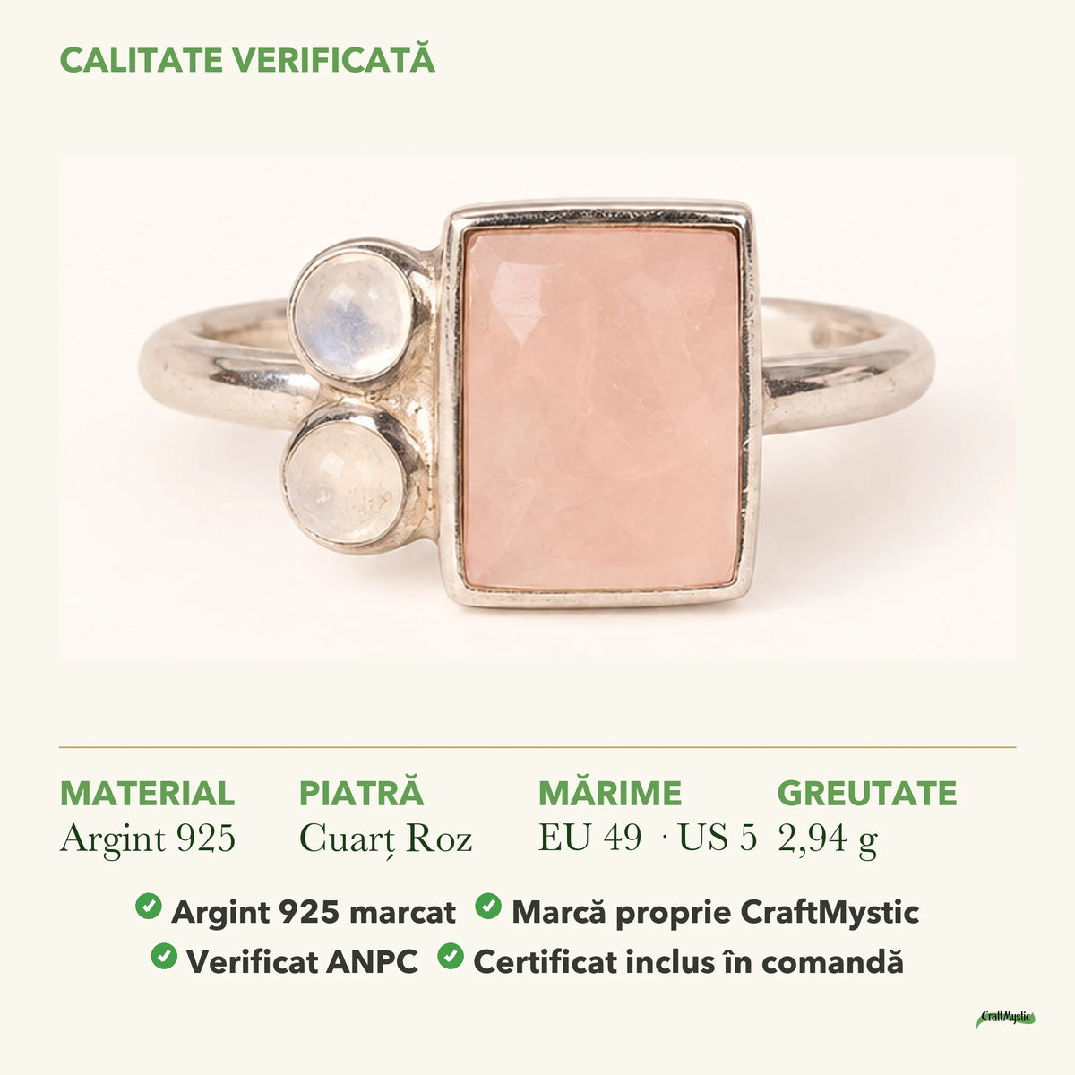Inel cu Cuarț Roz: material, dimensiunea pietrei, greutate și marcajul 925