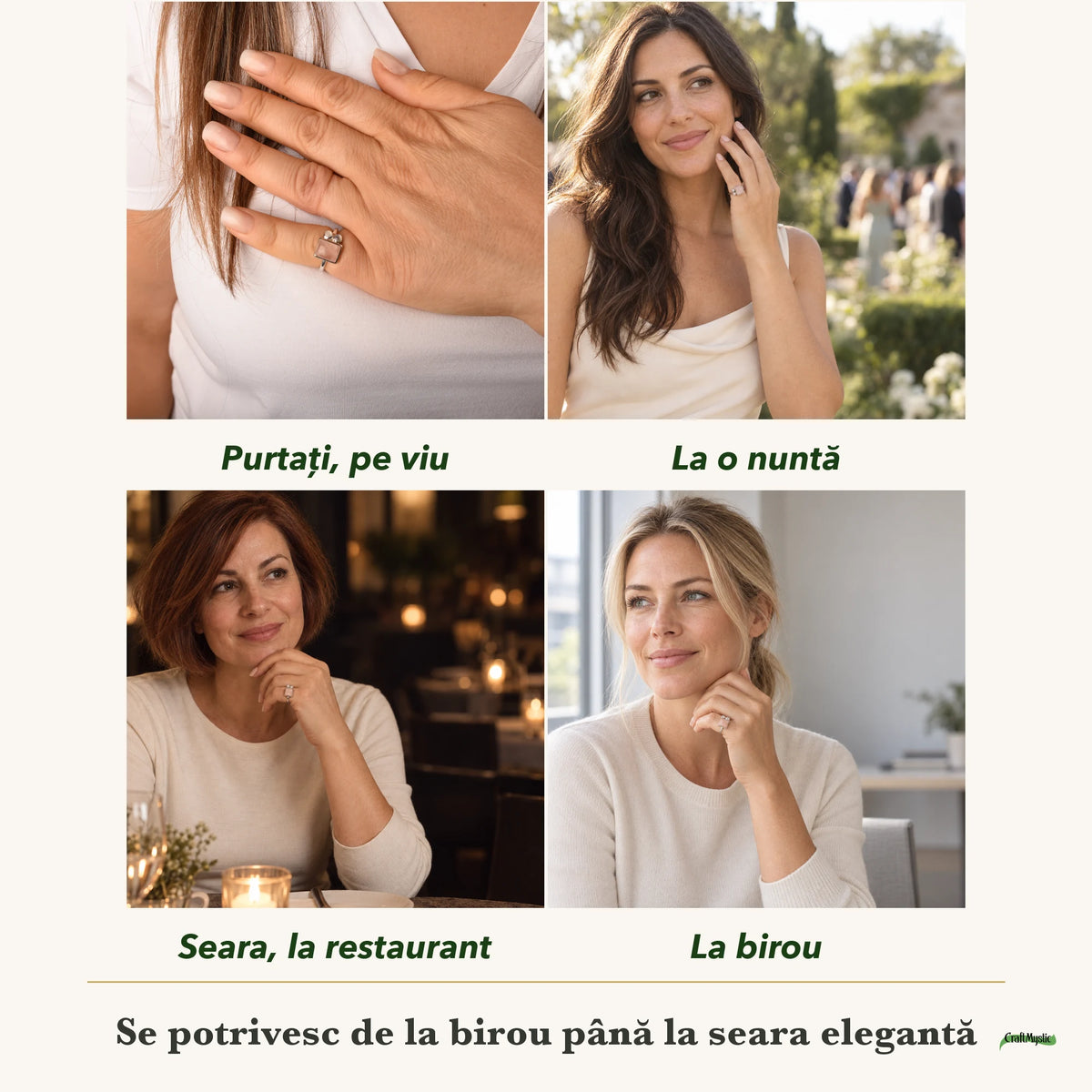 Inel cu Cuarț Roz purtați de patru femei, la nuntă, seara, la birou și la o aniversare