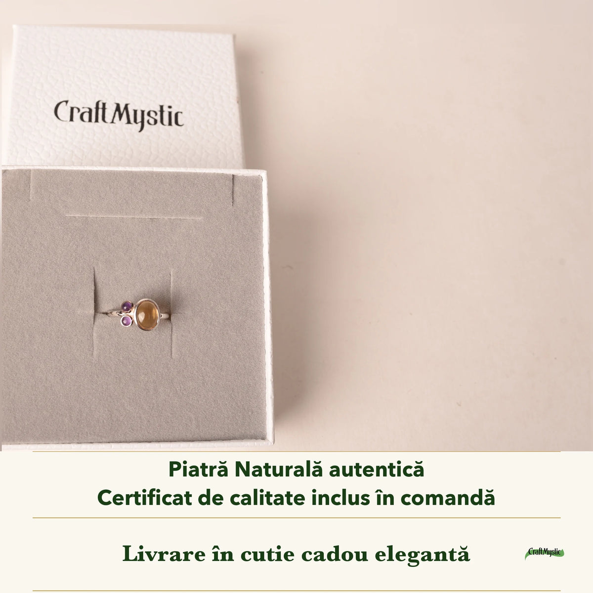 Inel cu Citrin în cutia cadou CraftMystic, cu certificatul de calitate