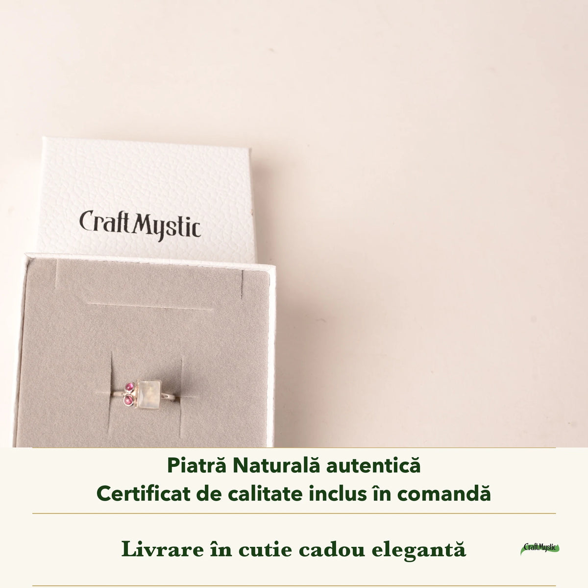 Inel cu Piatra Lunii în cutia cadou CraftMystic, cu certificatul de calitate