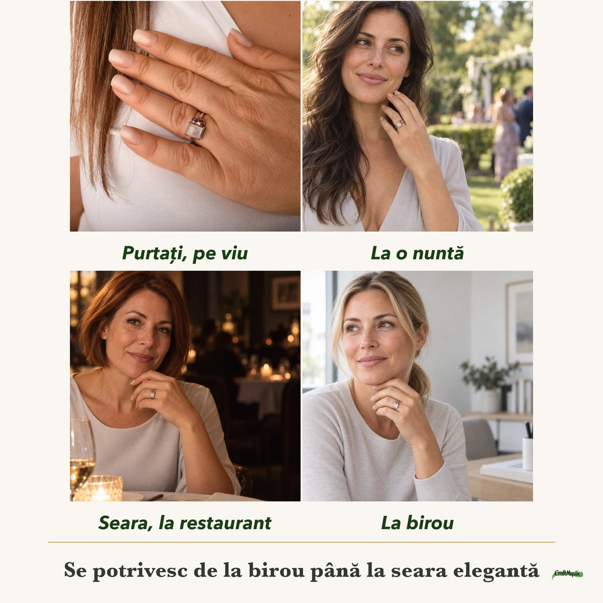 Inel cu Piatra Lunii purtați de patru femei, la nuntă, seara, la birou și la o aniversare