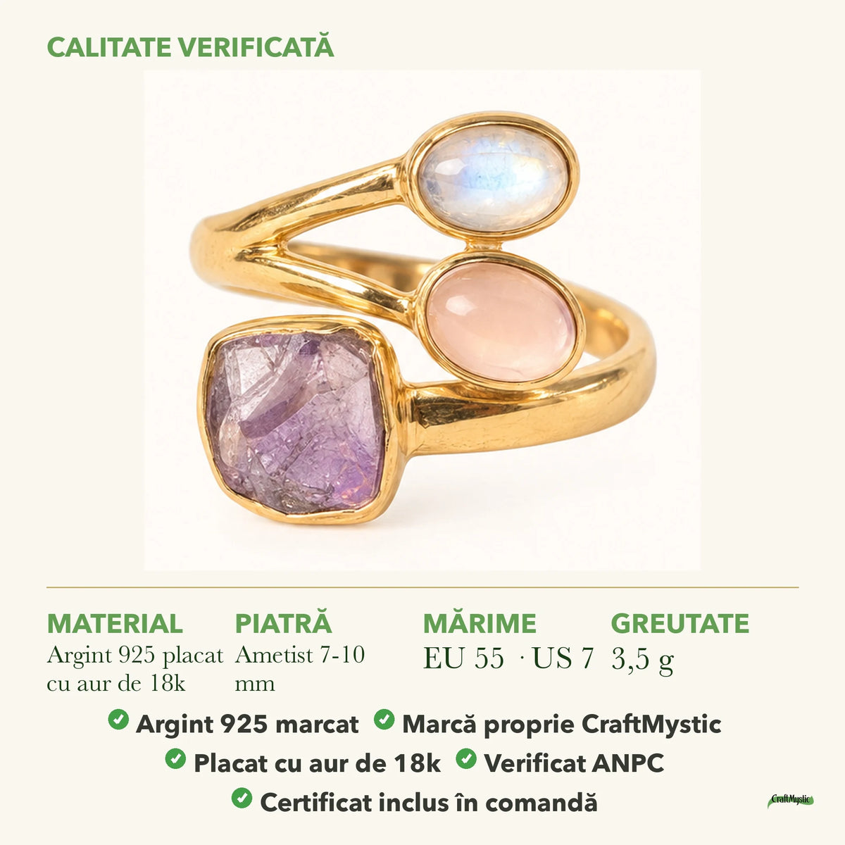 Inel cu Ametist, Cuarț Roz și Piatra Lunii: material, dimensiunea pietrei, greutate și marcajul 925
