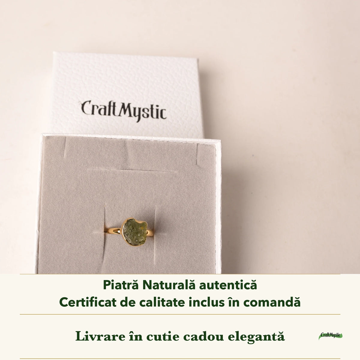 Inel cu Moldavit în cutia cadou CraftMystic, cu certificatul de calitate