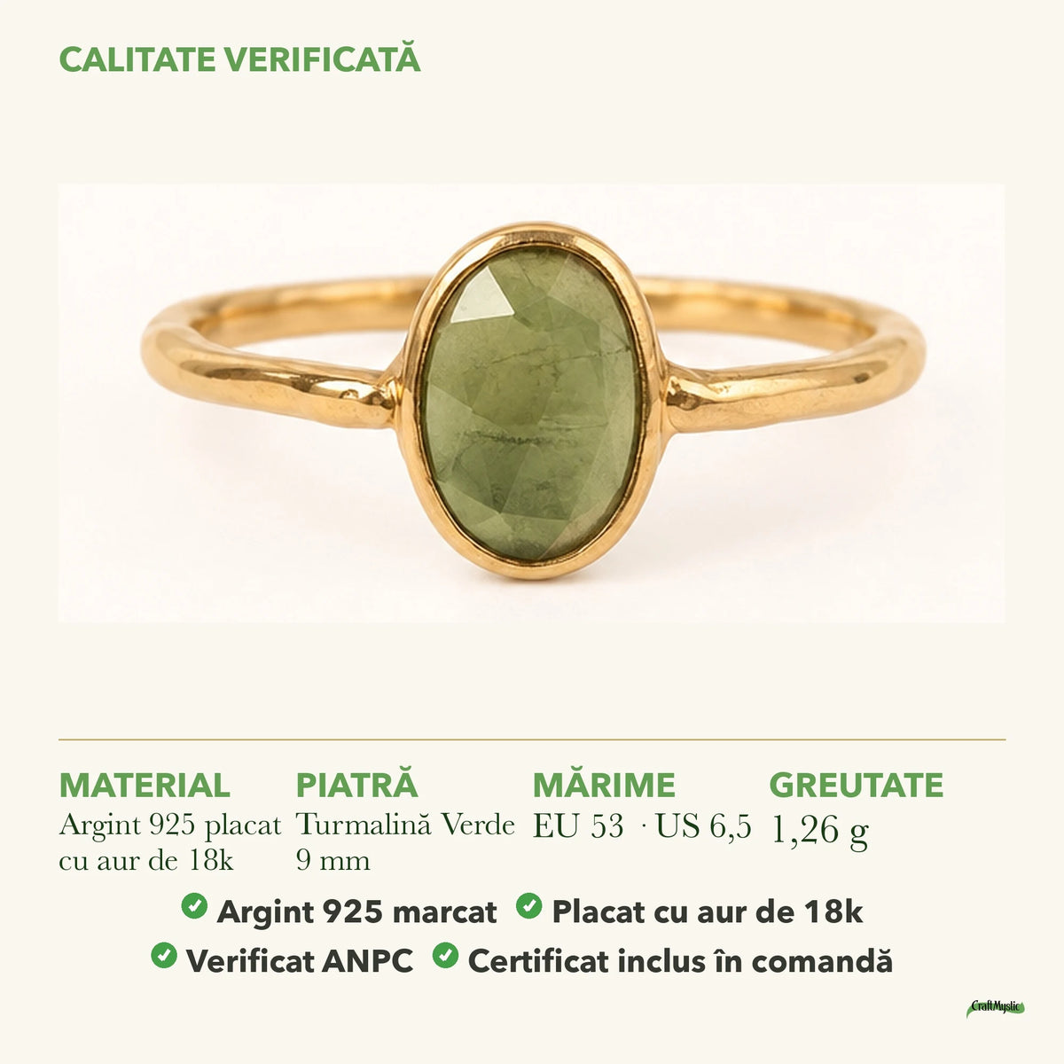 Inel cu Turmalină Verde: material, dimensiunea pietrei, greutate și marcajul 925
