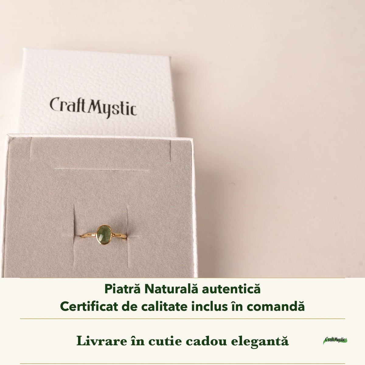 Inel cu Turmalină Verde în cutia cadou CraftMystic, cu certificatul de calitate