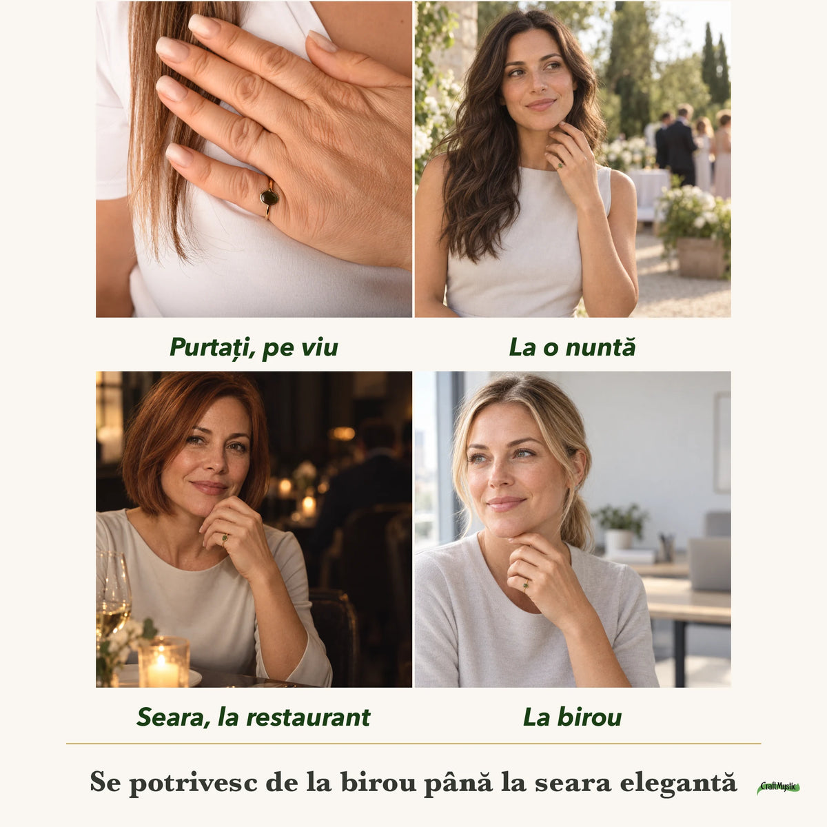Inel cu Turmalină Verde purtați de patru femei, la nuntă, seara, la birou și la o aniversare