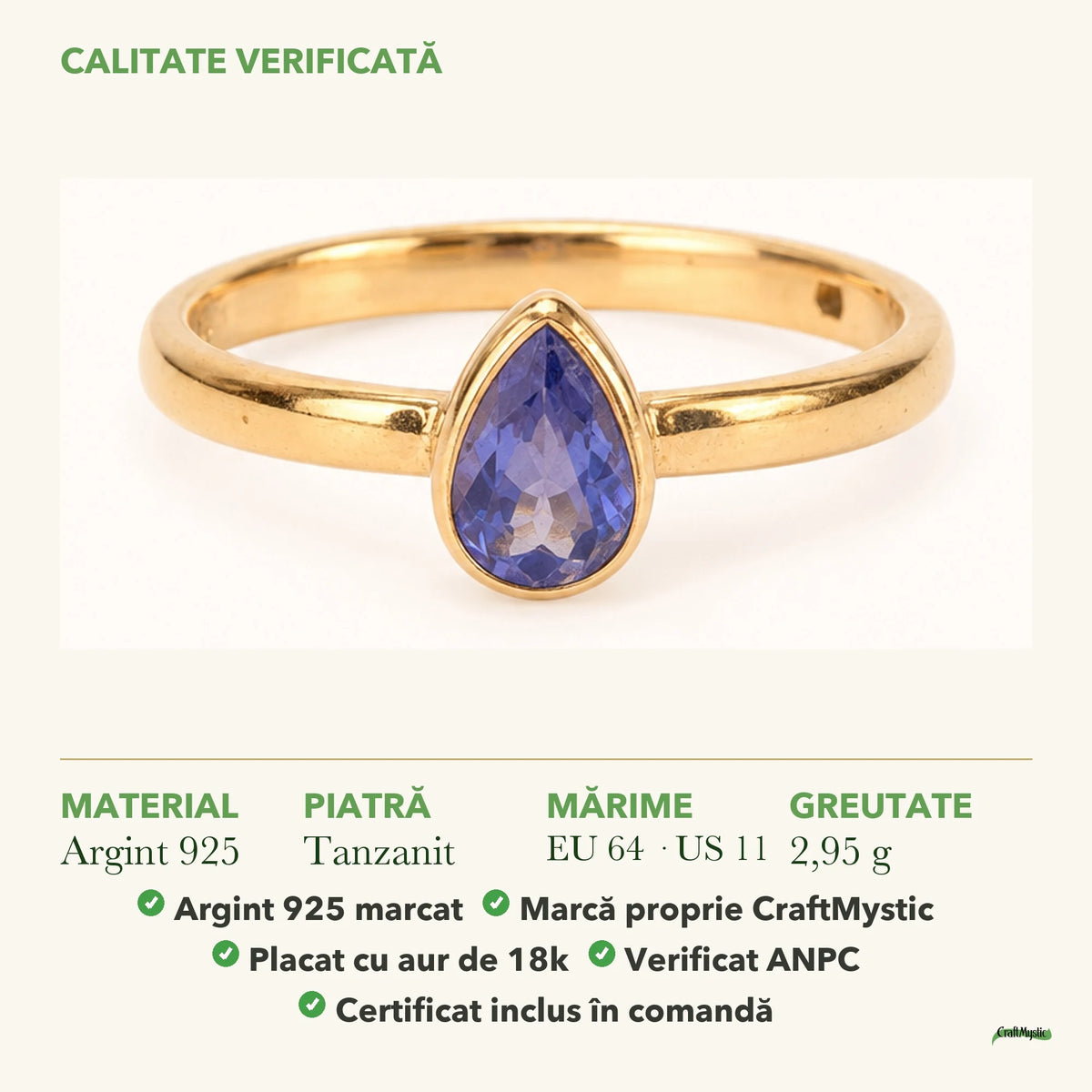 Inel cu Tanzanit: material, dimensiunea pietrei, greutate și marcajul 925