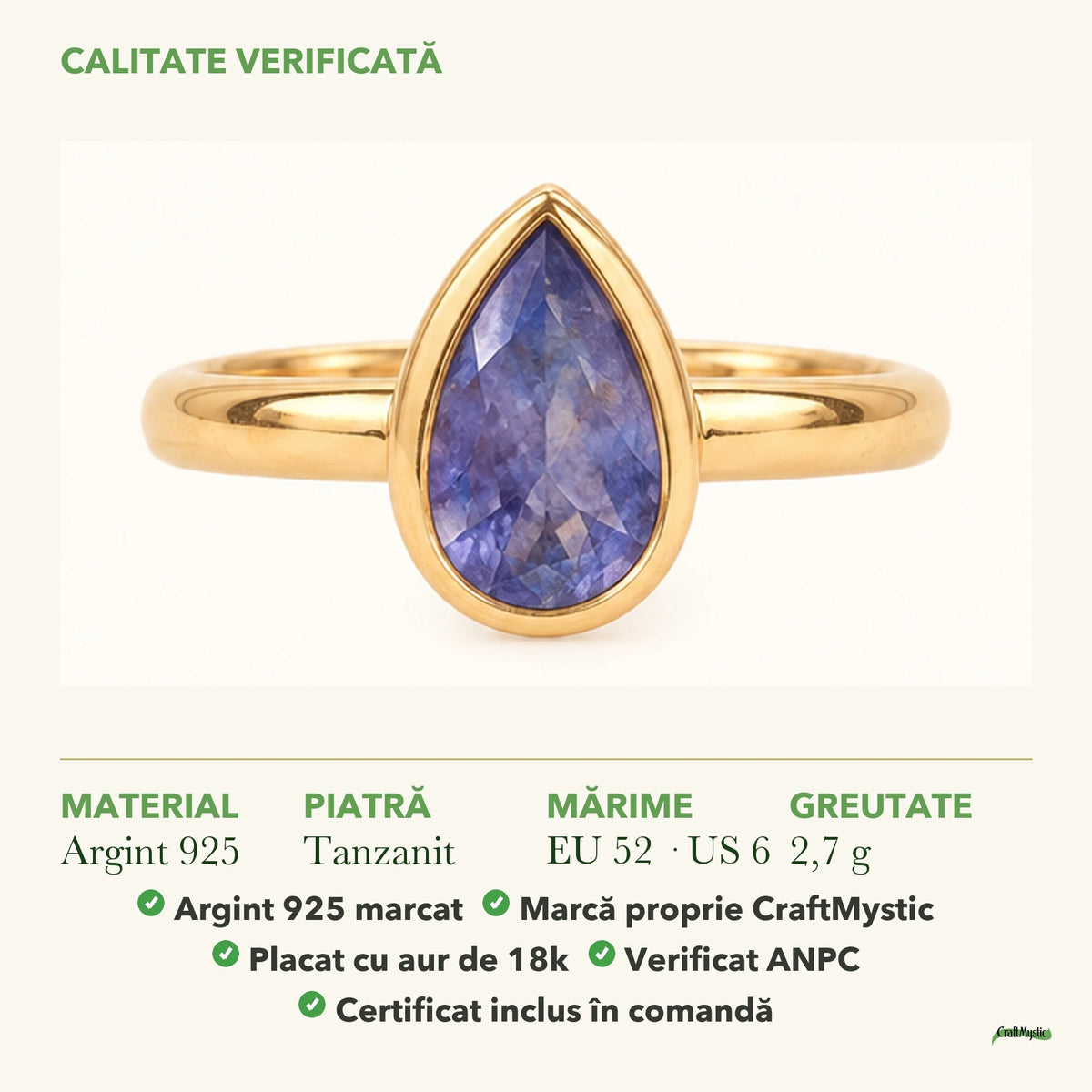 Inel cu Tanzanit: material, dimensiunea pietrei, greutate și marcajul 925