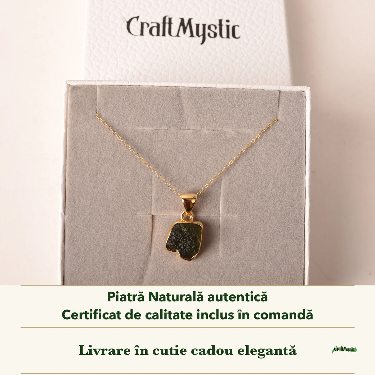 Colier cu Moldavit în cutia cadou CraftMystic, cu certificatul de calitate