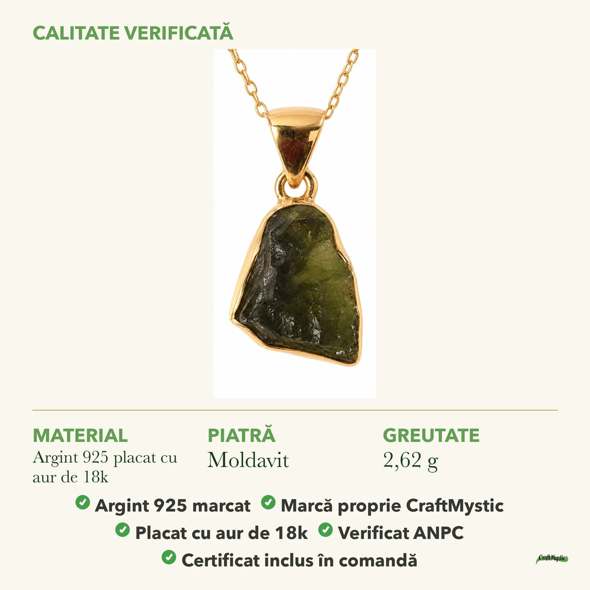 Colier cu Moldavit: material, dimensiunea pietrei, greutate și marcajul 925