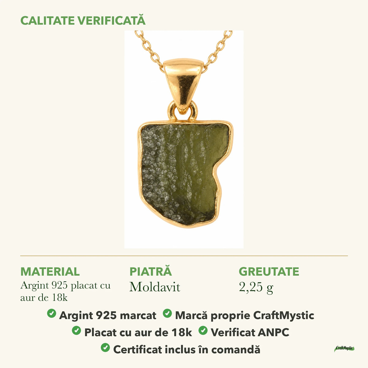 Colier cu Moldavit: material, dimensiunea pietrei, greutate și marcajul 925