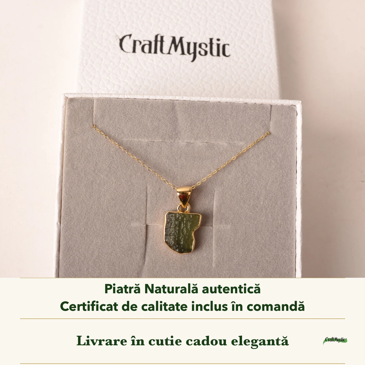 Colier cu Moldavit în cutia cadou CraftMystic, cu certificatul de calitate