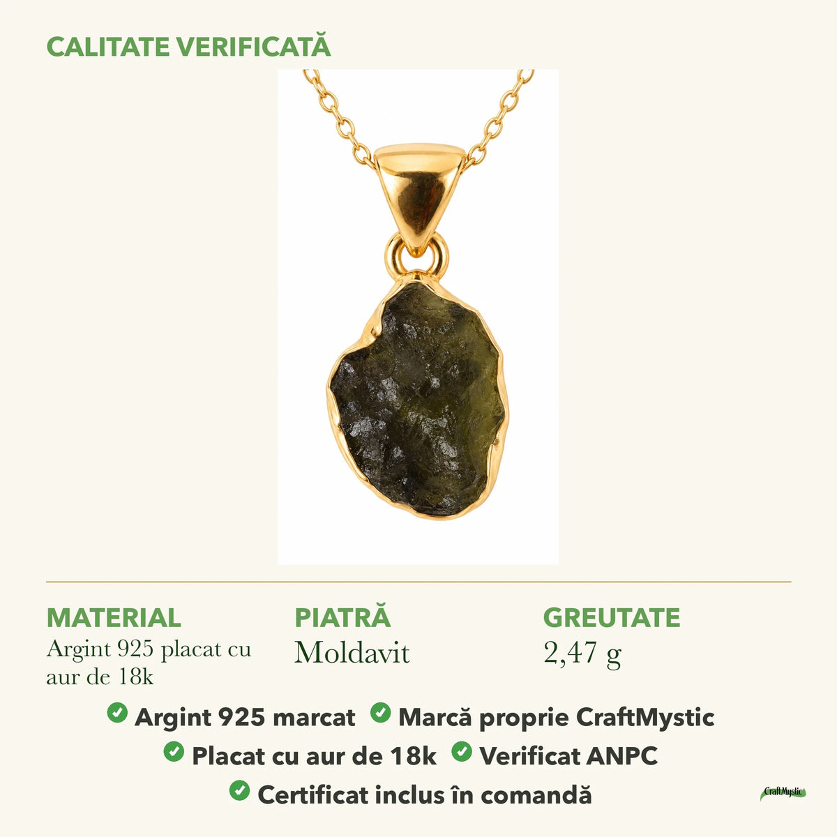 Colier cu Moldavit: material, dimensiunea pietrei, greutate și marcajul 925