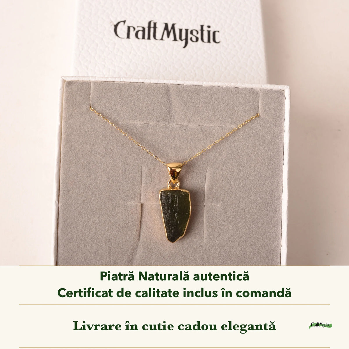 Colier cu Moldavit în cutia cadou CraftMystic, cu certificatul de calitate